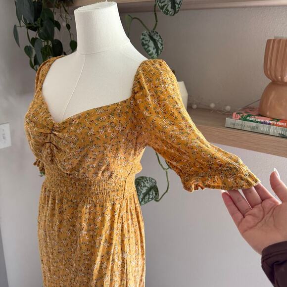 Beyond the Radar Floral Puff Sleeve Mini Dress M Mustard Yellow Cottagecore - Picture 4 of 10